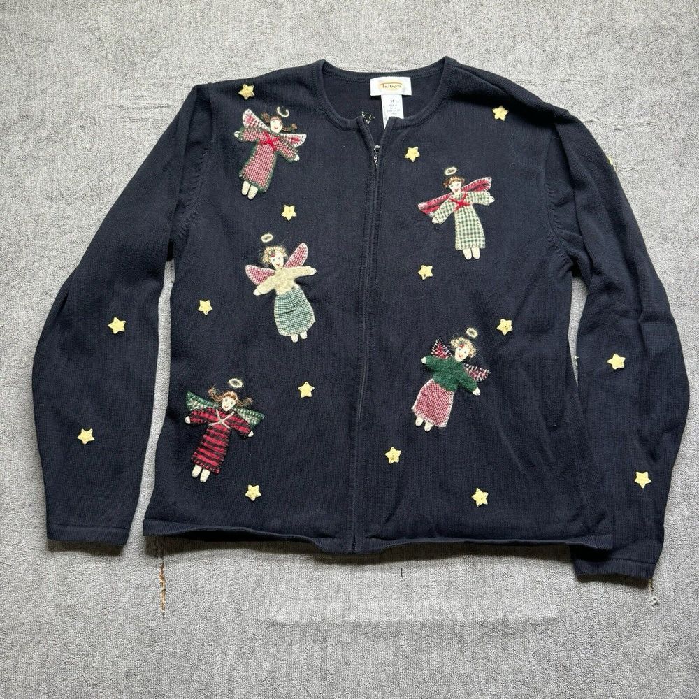 Vtg 90s Granny Christmas Sweater M Cardigan Zip Angel Doll Star Grandma Teacher